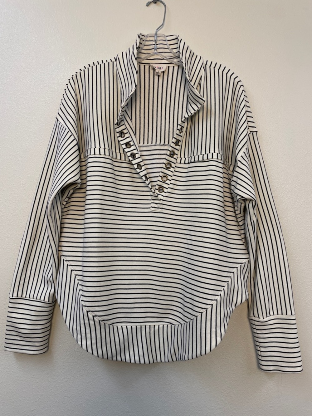 BiBi Cream & Black Striped Button-Placket Nautical Long Sleeve Pullover Shirt WL